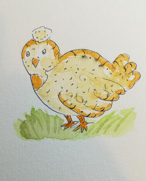 Drawing of a chickenThe wings and tail look a bit like loafInner color is lighter to remind bread crumbsBody is filled with tiny black spots