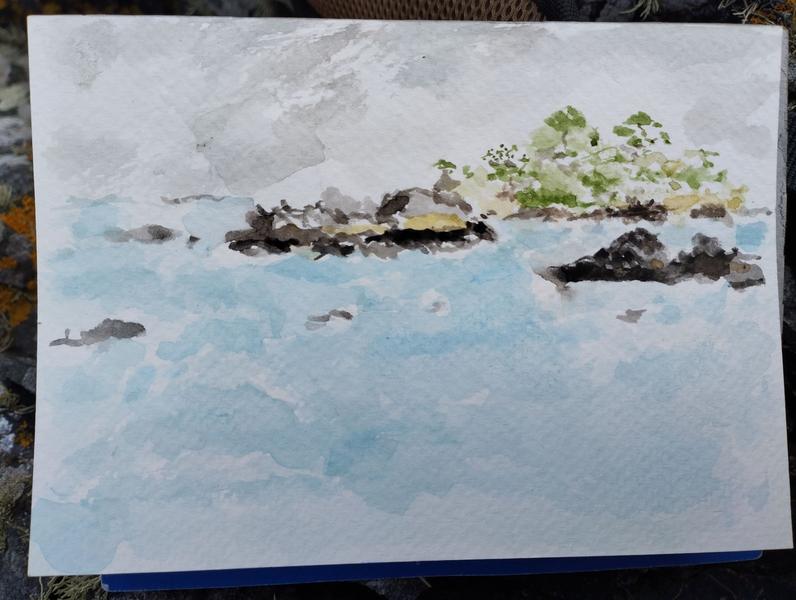 Aquarelle d'un paysage marin avec des îles au loin 