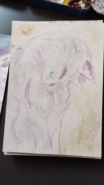 Aquarelle d'un chat à poils longs qui  dort debout