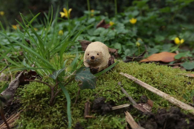 Photo d'une sculpture de castor en bois. Le castor est posé sur la mousse.