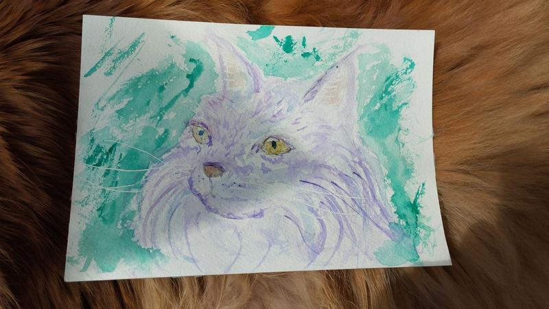 Une aquarelle d'un maine coon, posée sur une fourrure rousse