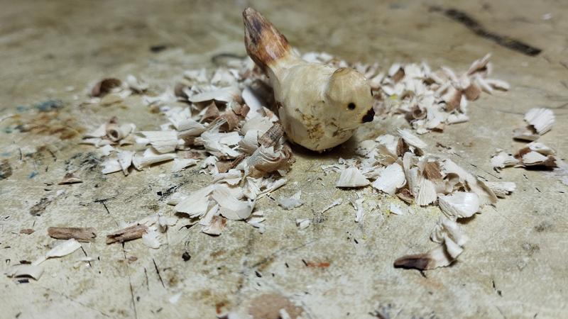 Un petit oiseau en bois. Sa queue est longue et plus foncée que le corps