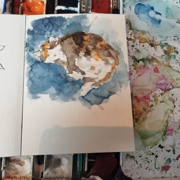 Mini aquarelle d'une chatte tricolore qui dort