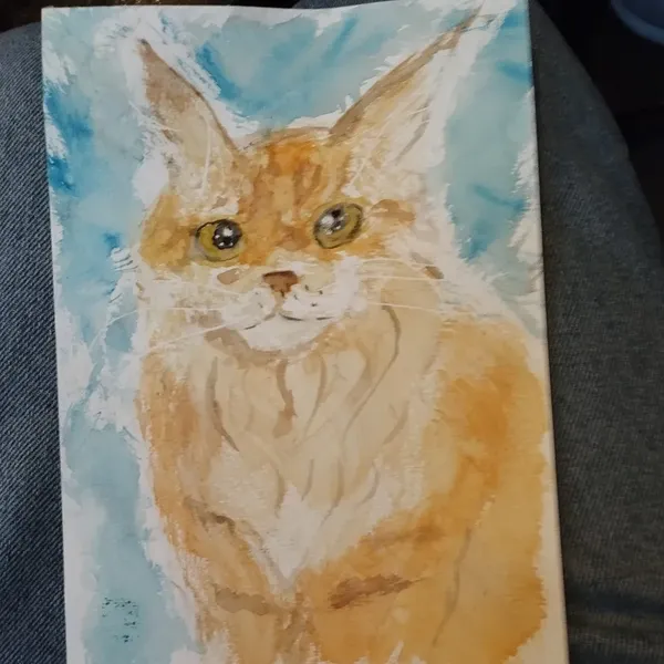 Aquarelle d'un chat roux à poils longs 