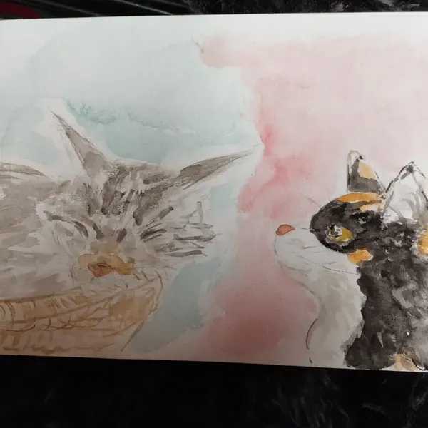 Aquarelle d'une chatte tigrée grise qui dort dans son panier et d'une chatte tricolore qui la regarde 