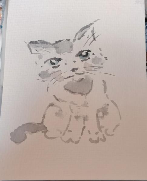 Aquarelle d'un chat kawaii blanc et gris