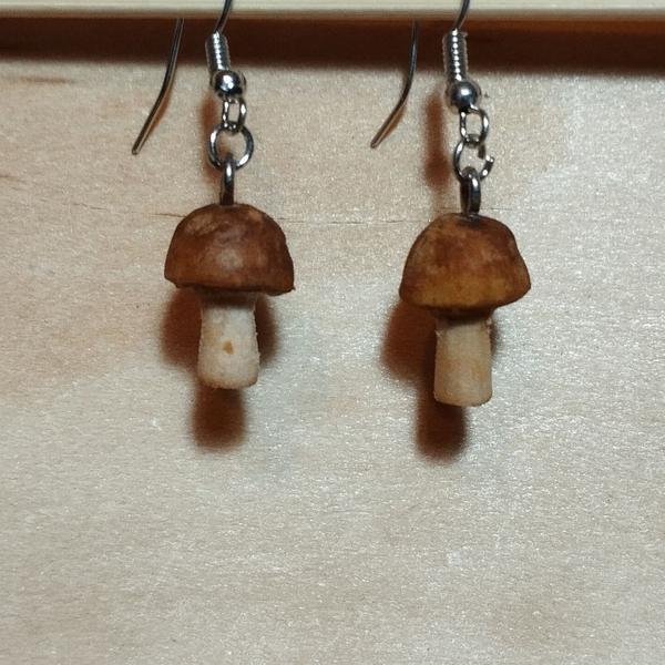 Deux boucles d'oreille champignon. Les champignons sont en bois 