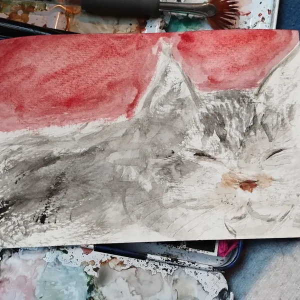 Aquarelle d'une Maine coon grise qui dort 