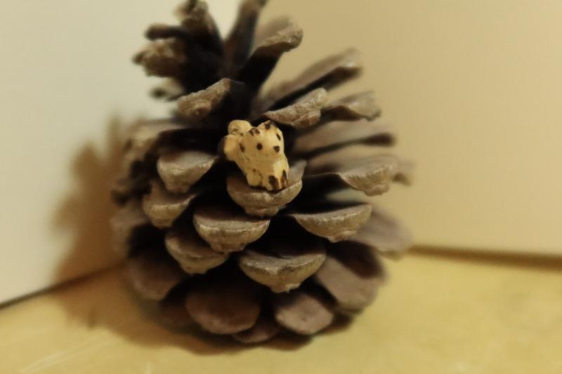 Photo d'un mini kitsune en bois posé sur un pignon de pomme de pin 