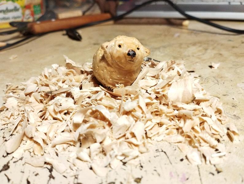 Sculpture de mouton qui ressemble un peu à un chien. Elle est posée au milieu de copeaux 