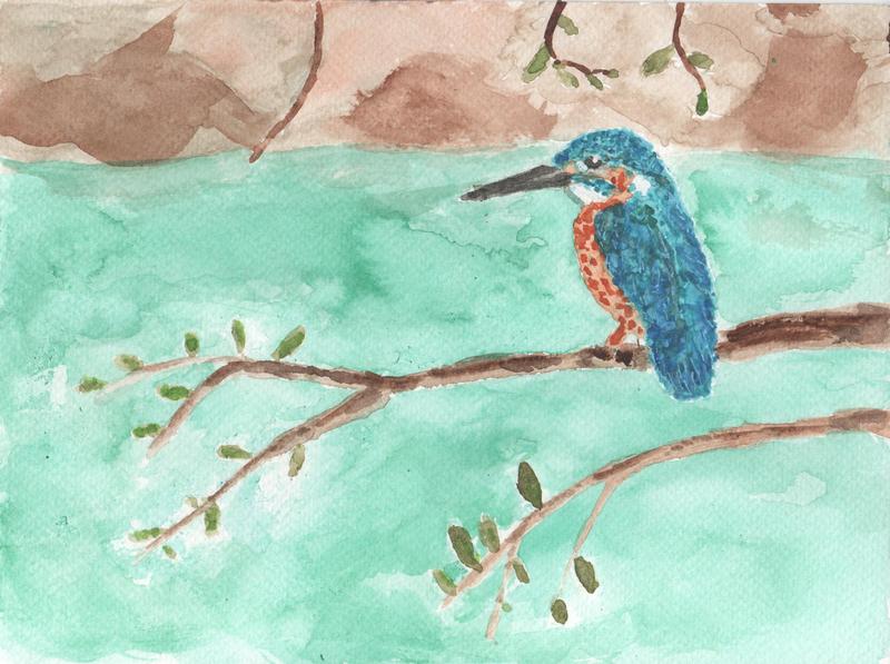 Aquarelle d'un martin-pêcheur posé sur une branche au bord d'une rivière