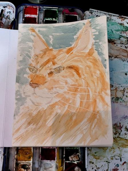 Aquarelle d'un maine coon roux qui pose avec fierté