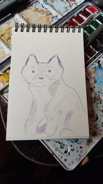 Aquarelle d'un chat, couleur violette, trait épuré 