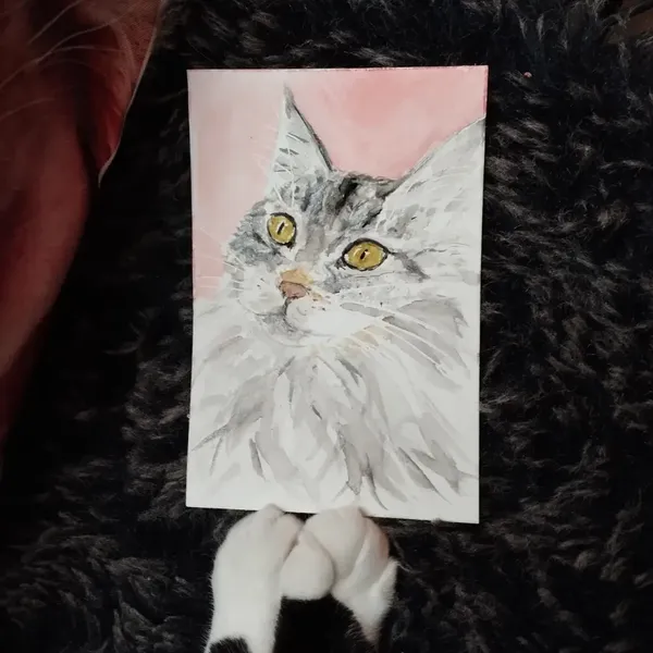 Aquarelle de la tête de tabata posée à côté des patounes de Nola 