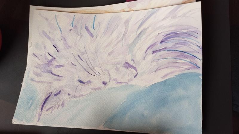 Aquarelle d'un maine coon, violet et bleu