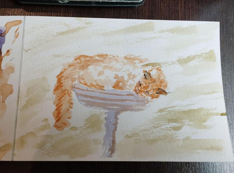 Aquarelle d'un chat roux qui dort dans un panier