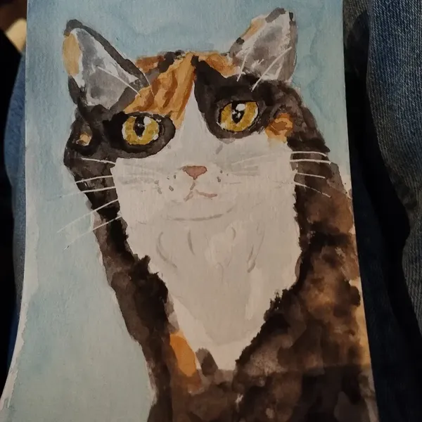 Aquarelle d'une chatte tricolore 